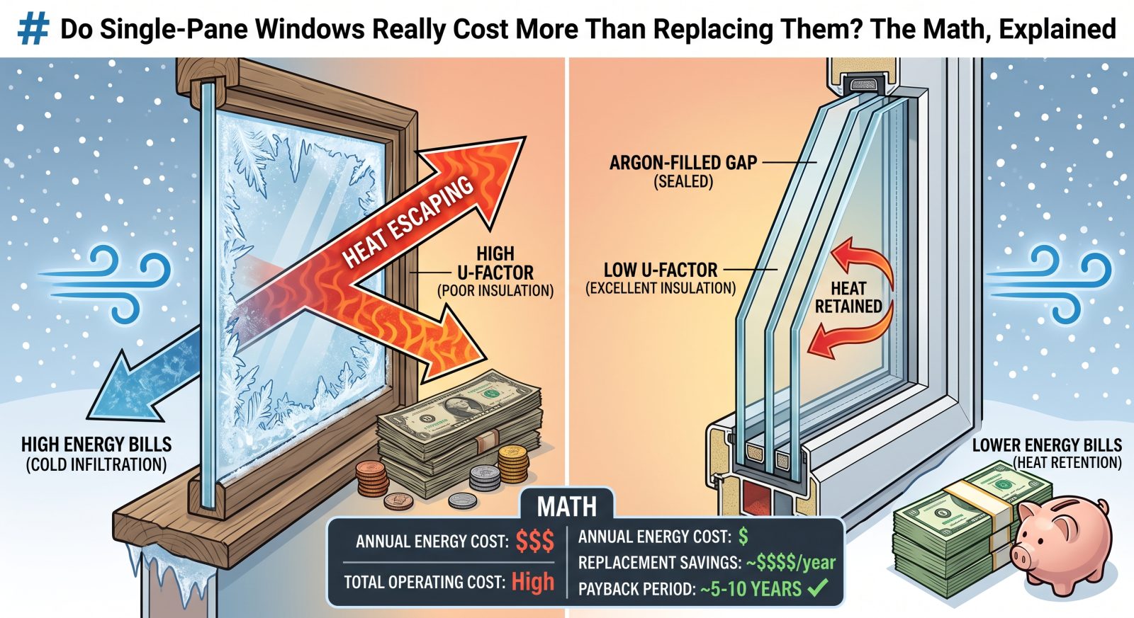 A close-up cross-section illustration comparing a single-pane window (one glass layer, cold interior surface with frost) versus a modern double-pane insulated window (two glass layers with sealed gas-filled gap), labeled with U-factor arrows showing heat escaping through the single pane