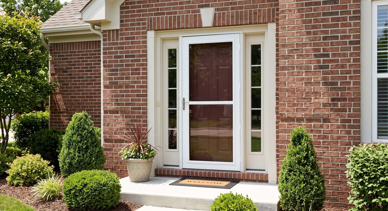 A newly installed white storm door on a brick house entryway with visible weatherstripping, bright daylight, professional real estate photography style