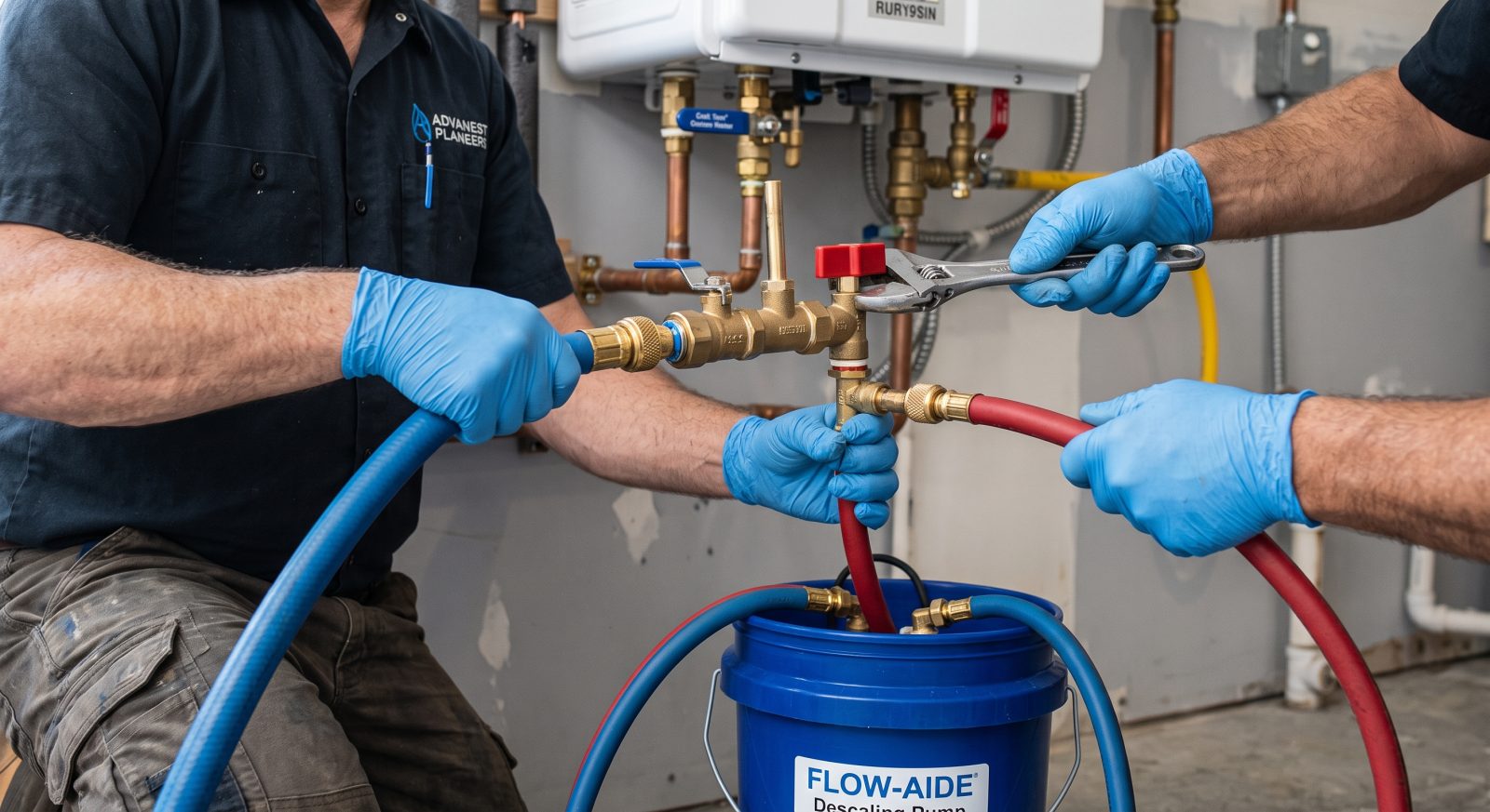 A plumber connecting a portable descaling pump with hoses to the service valves of a wall-mounted tankless water heater, close-up technical shot, well-lit residential utility room