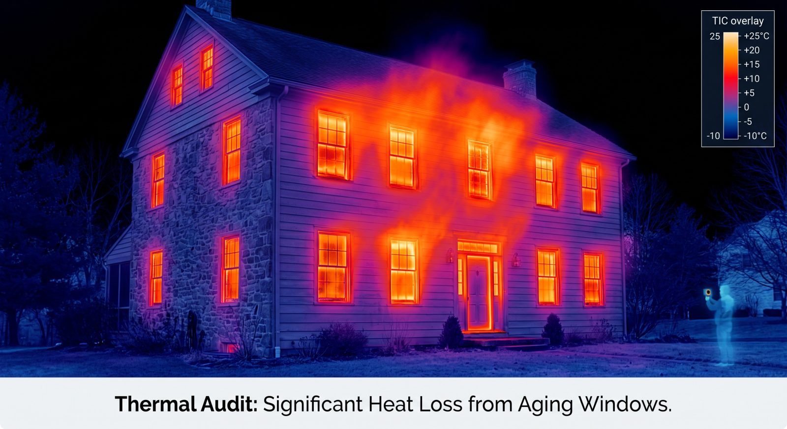 An infographic-style photo of a thermal imaging camera view of a house exterior at night, showing bright red/orange heat signatures glowing around old window frames against a cooler blue building facade