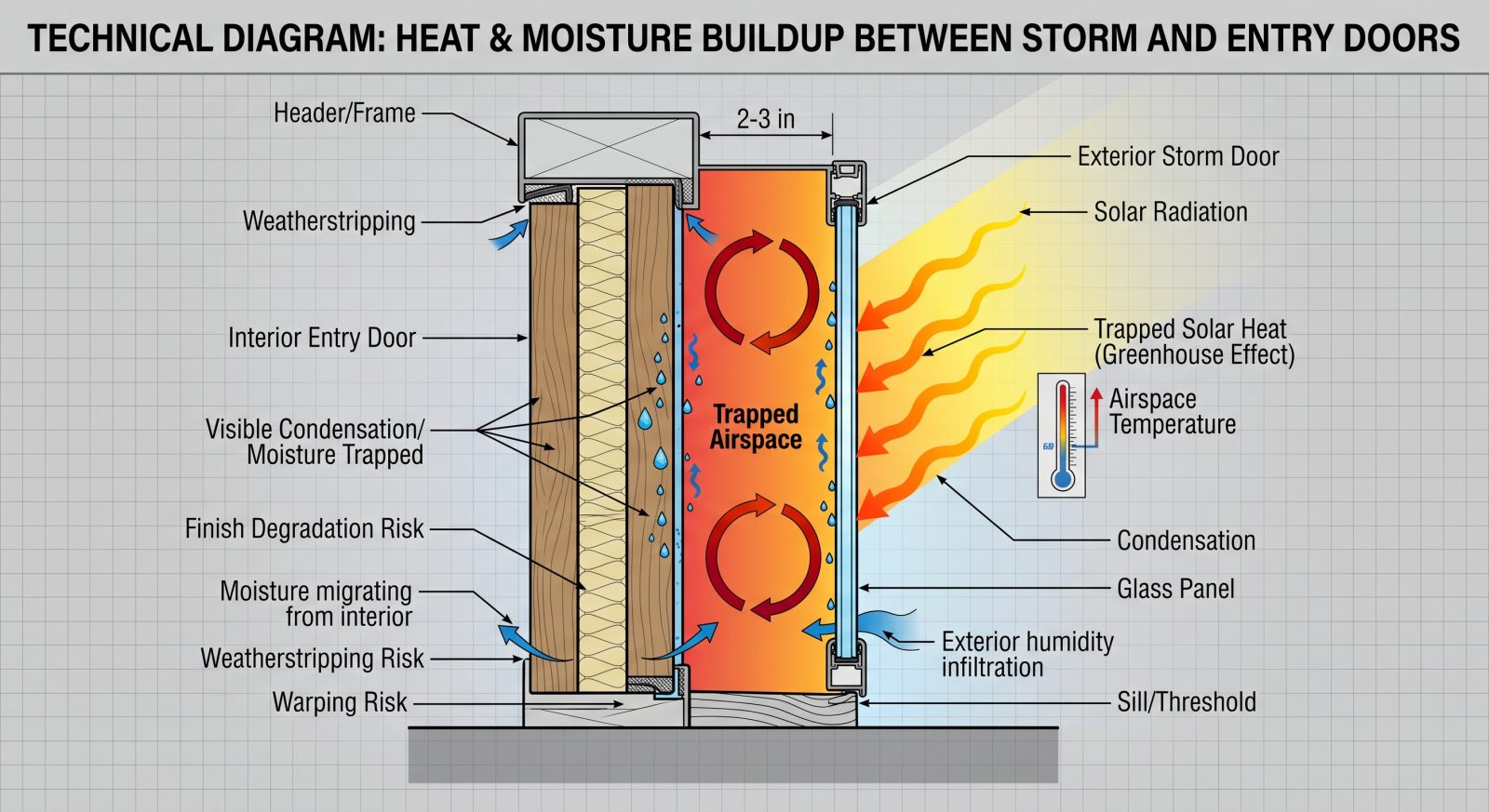 Close-up cross-section diagram illustrating heat and moisture buildup trapped between a storm door and entry door, technical illustration style