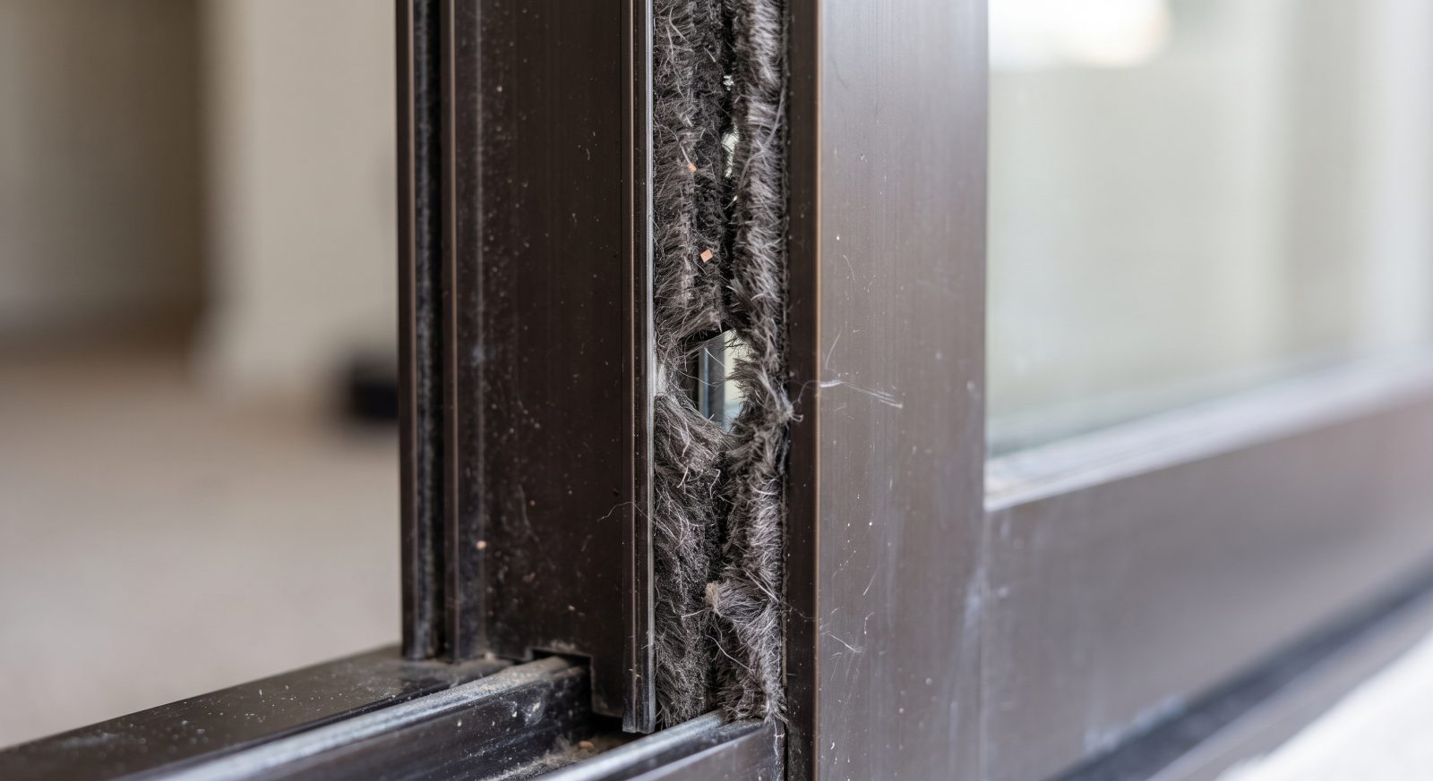 Close-up macro photograph of worn, compressed weatherstripping pile seal on a sliding glass door edge, showing uneven crush marks and gaps, detailed texture, soft studio lighting