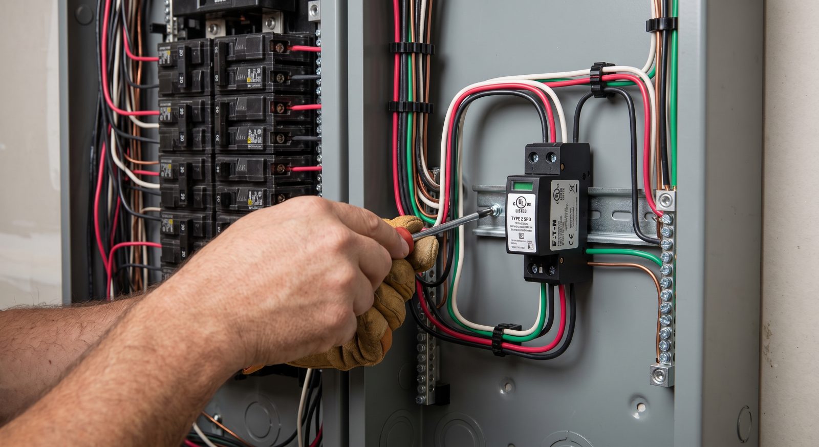 Close-up of an electrician installing a whole-house surge protective device inside a residential circuit breaker panel, wires neatly routed, professional home electrical work photography style