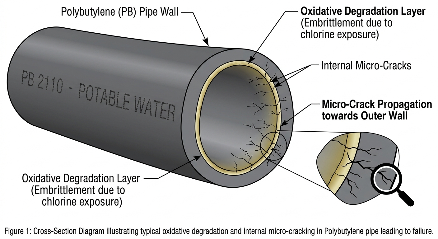 Cross-section diagram of polybutylene pipe wall showing internal micro-cracks and oxidative degradation layer, technical illustration style