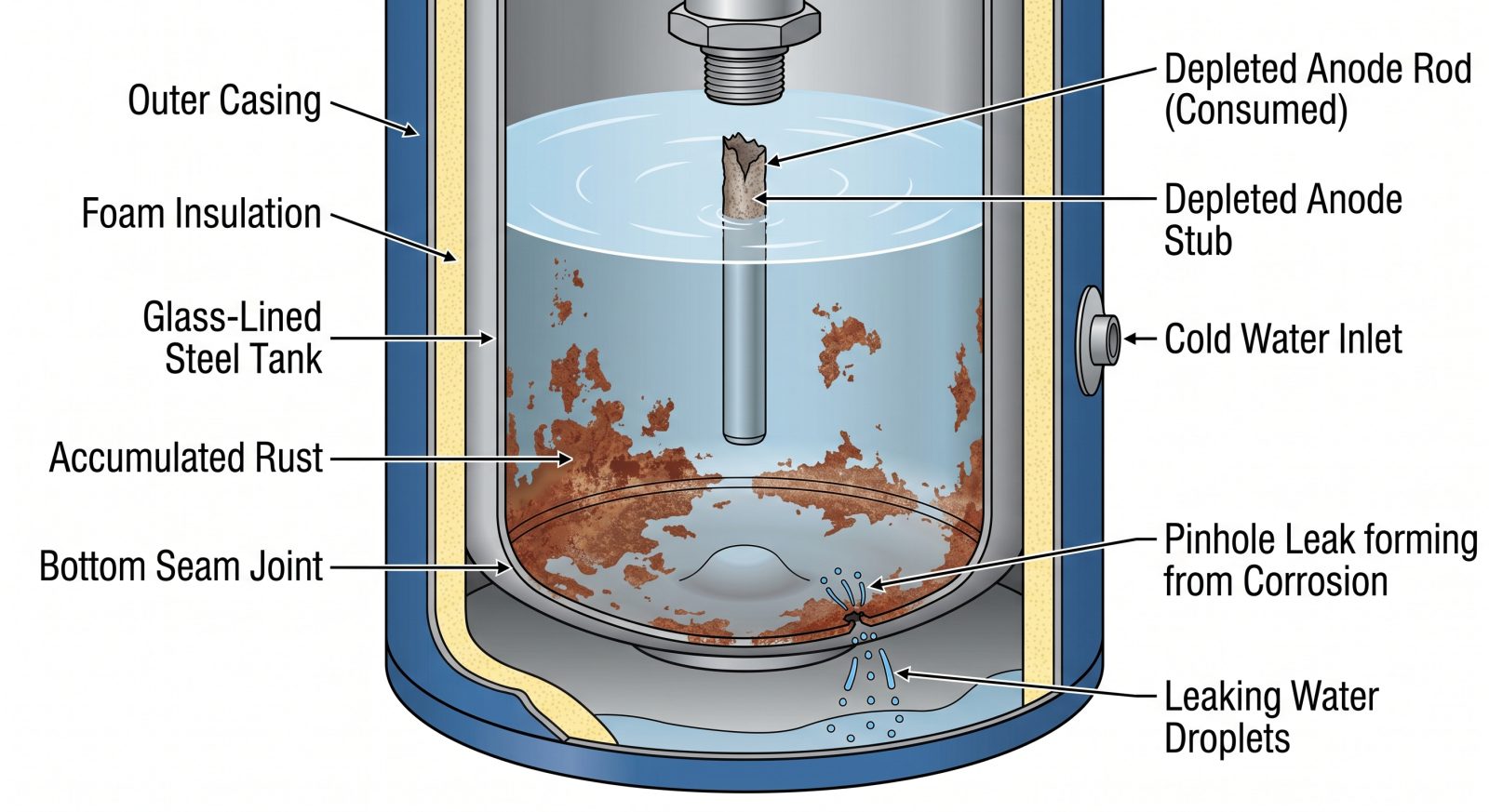 Cross-section illustration of a residential steel water heater tank showing rust and a small pinhole leak forming at the bottom seam after anode depletion, technical cutaway style