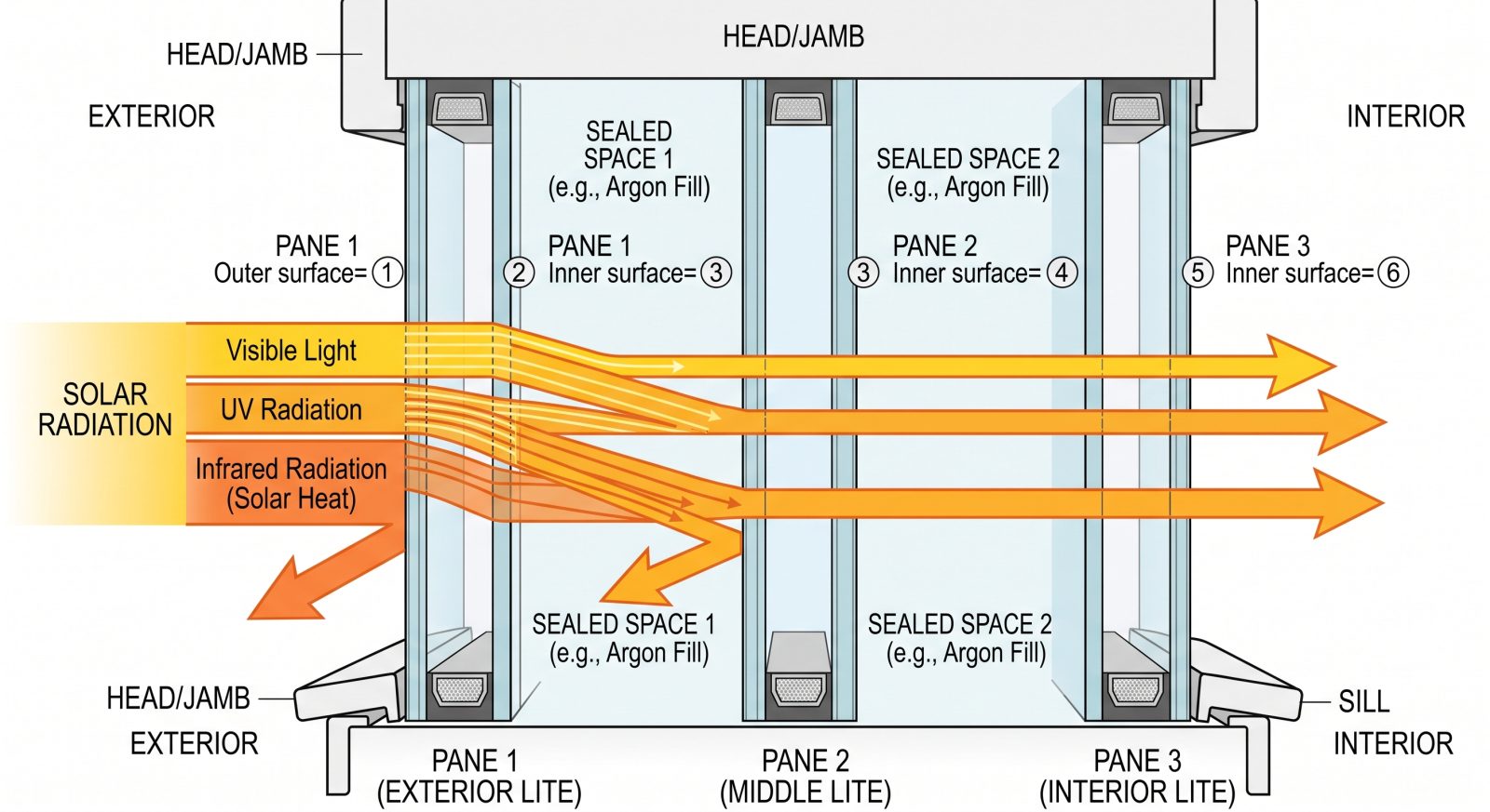 Diagram of a triple-pane window cross-section with surfaces numbered 1 through 6, arrows indicating solar radiation entering from the left, technical illustration style
