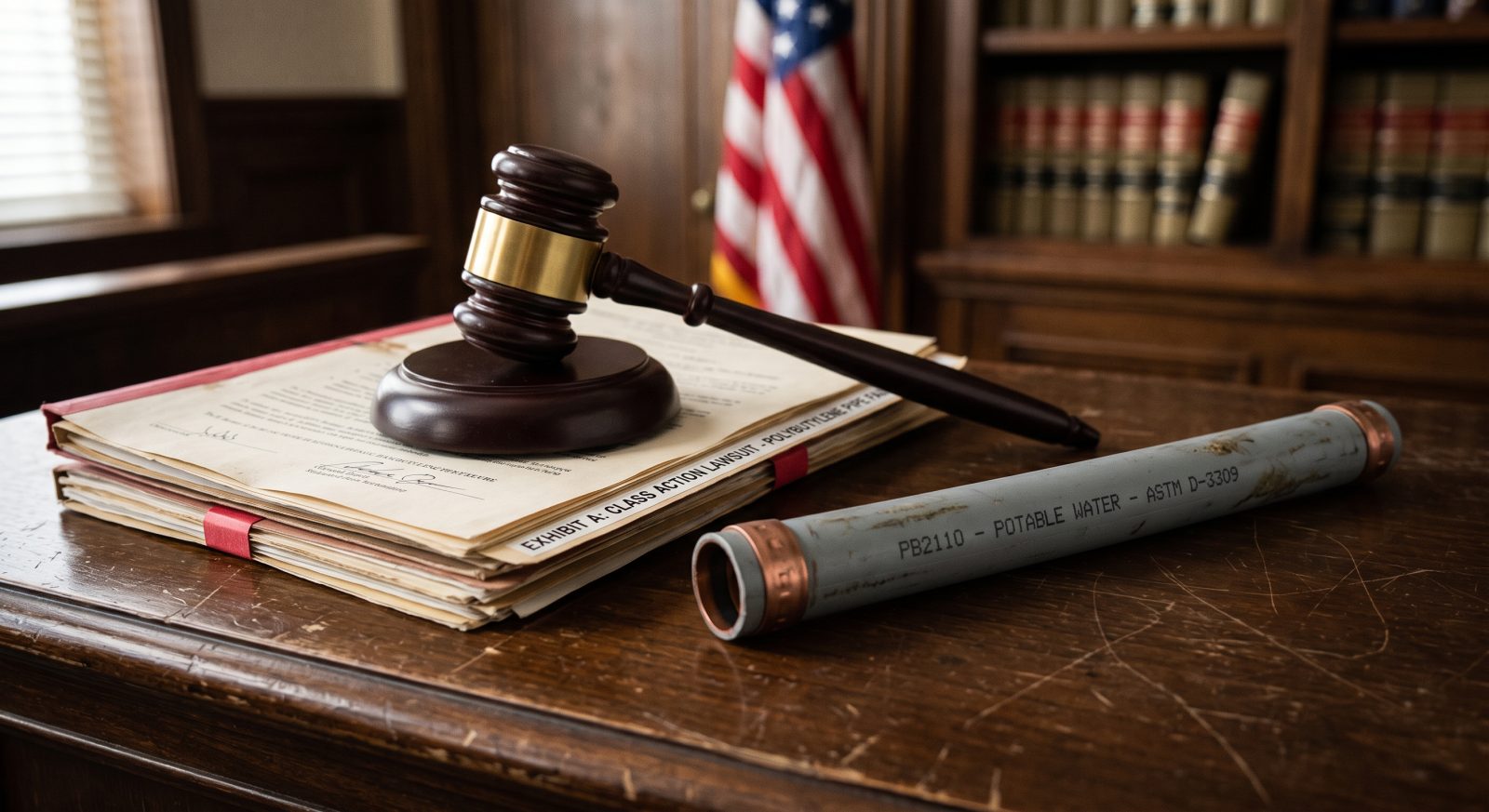 Gavel resting on legal documents next to a section of gray plastic pipe, symbolic still life photography