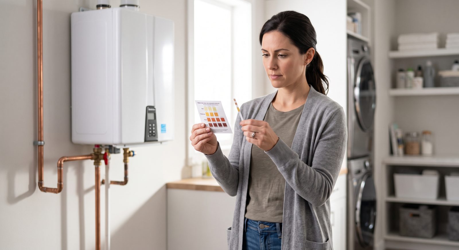 Homeowner in a utility room checking a water hardness test strip against a color chart next to a wall-mounted tankless water heater, natural lighting, instructional photography style