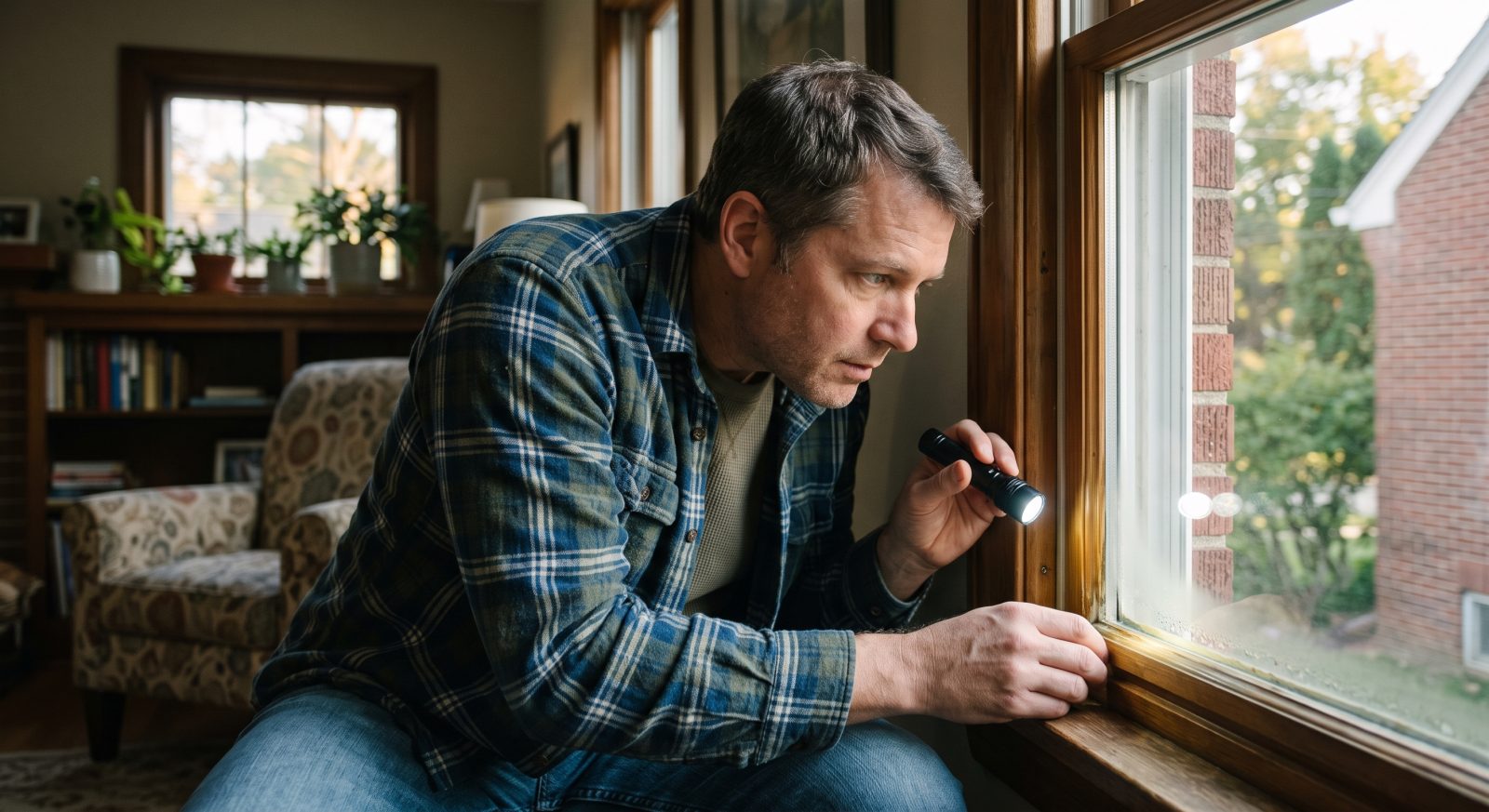 Homeowner inspecting a window pane closely with a flashlight, checking the edge of the glass for discoloration, realistic lifestyle photography