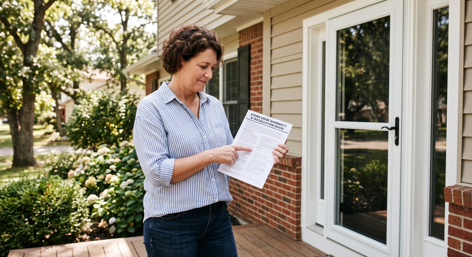 Homeowner reviewing a printed manufacturer warranty document beside a newly installed storm door, lifestyle photo style