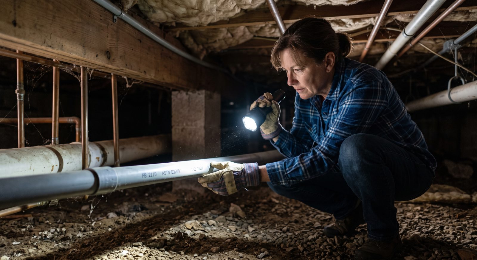 Homeowner using a flashlight to inspect gray plastic pipe in a basement crawlspace, checking for stamped text, realistic lifestyle photography