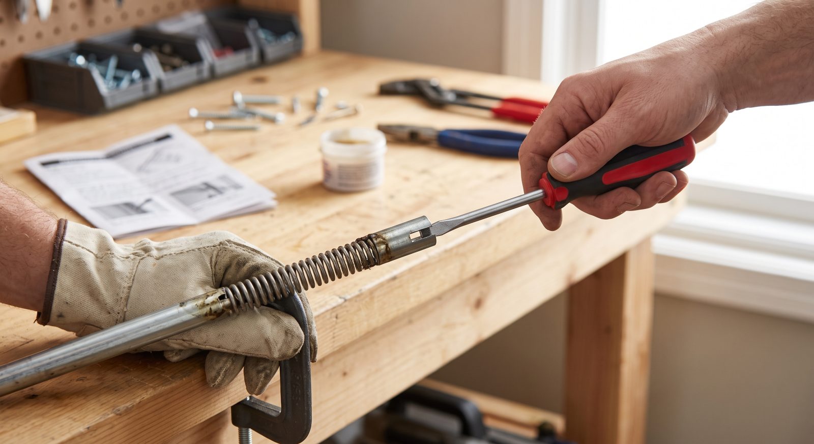 Homeowner using a flathead screwdriver as a winding tool to pre-tension a spiral balance spring rod removed from a window jamb, workbench setting, instructional photography style