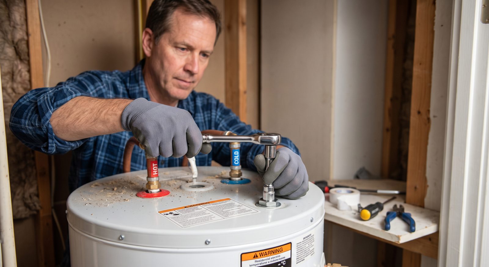 Homeowner using a socket wrench to remove a hex-bolt anode rod access point from the top of a residential water heater, DIY home maintenance photography style