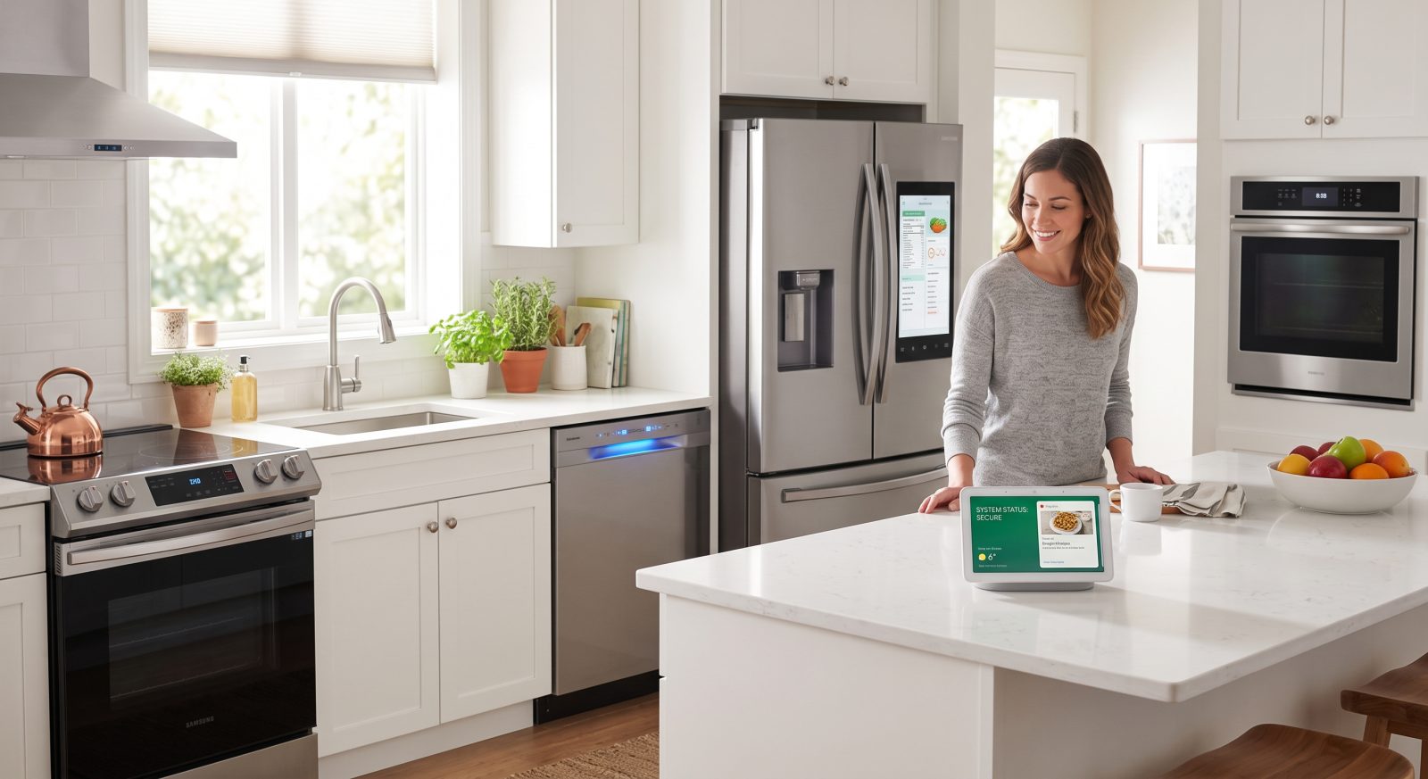 Modern kitchen with smart appliances, refrigerator, dishwasher, oven, and connected devices, bright natural lighting, lifestyle photography style representing appliances protected from power surges