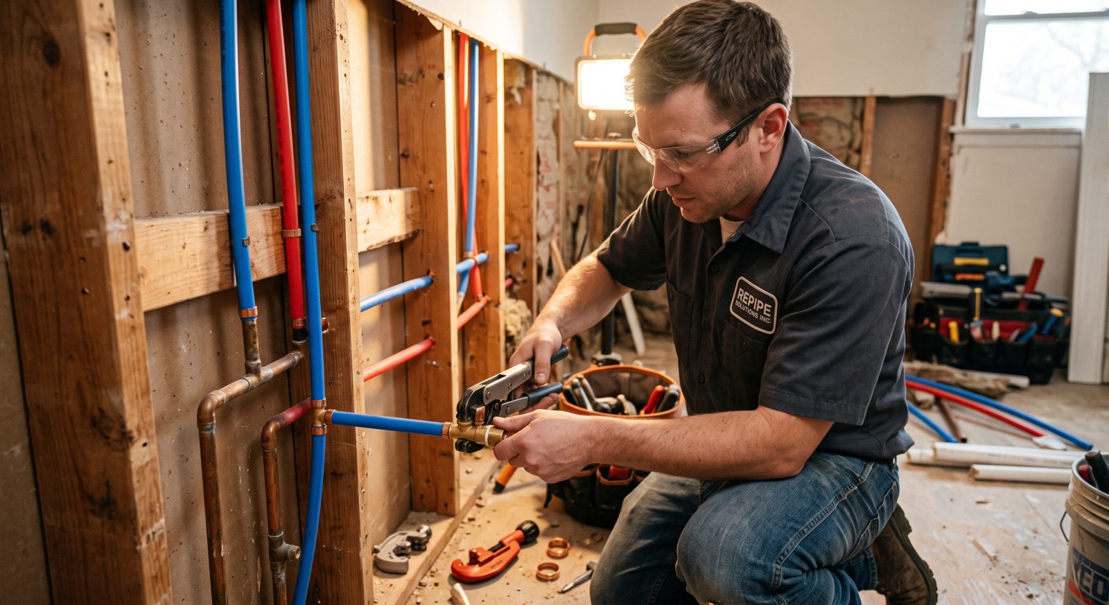 Plumber installing new PEX piping in a residential wall cavity during a home repipe, professional trade photography style