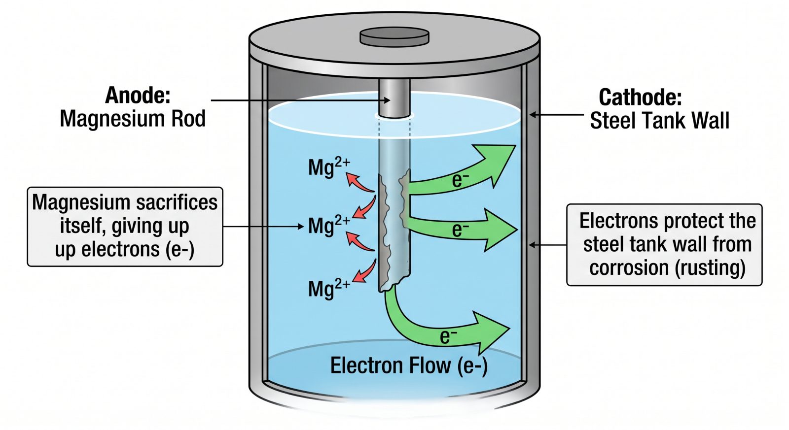 Simple technical diagram showing electron flow between a magnesium anode rod and a steel tank wall inside a water heater, labeled anode and cathode, clean educational illustration style