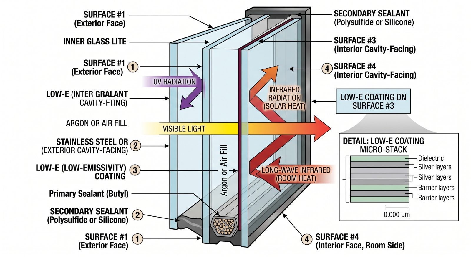 Technical cross-section diagram of a double-pane insulated glass unit labeled with surface numbers 1 through 4, showing the Low-E coating on the interior cavity-facing surface, clean technical illustration style