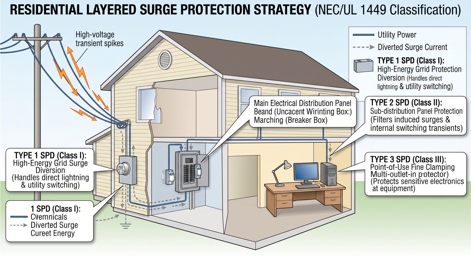 Technical diagram showing a layered surge protection strategy across a home, Type 1 device at the meter, Type 2 device at the main panel, and Type 3 plug-in protector at a computer desk, clean labeled illustration style