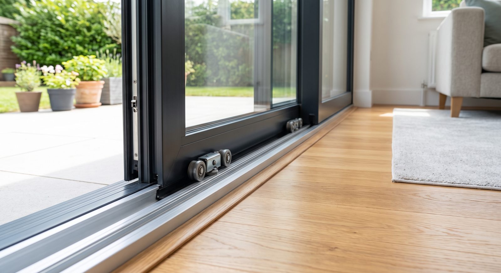 Wide shot of a modern sliding glass patio door installed in a bright living room, showing the bottom aluminum track and roller mechanism close to the floor, natural daylight, home renovation editorial photography